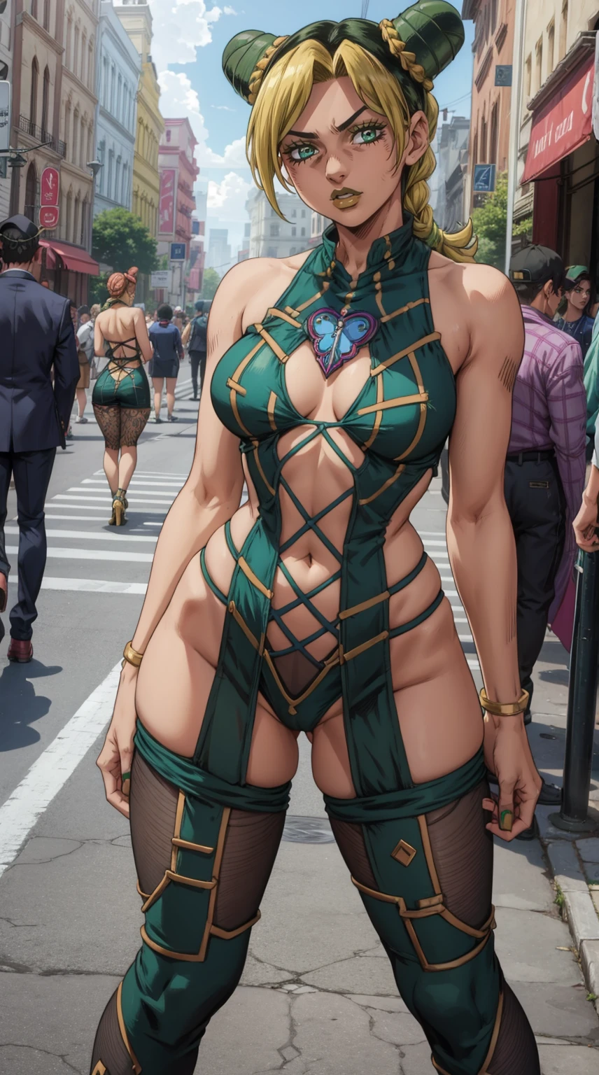 Jolyne Anime, wearing crazy transparent sexy outfit, silk outfit, lace outfit, lashed, bizarre outfit, see through outfit, wide hips, standing on the street, crowd of people,