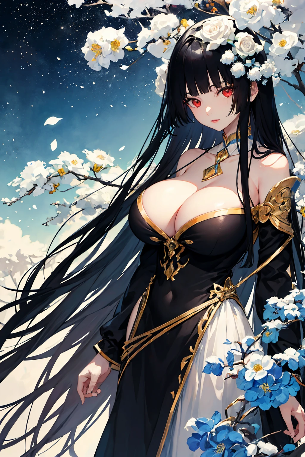 (absurd res, A high resolution, ultra - detailed, hyper HD, Cinematic), Alone, 1个Giant Breast Girl, mature, Happy,hime cut,black long hair,red eyes, (huge breasts:1.6),cleavage, collarbone, bare shoulders,armbands,black dress,girl standing in light blues flower field, light blues flower petal surrounding girl, full bodyesbian, Blue long-haired girl, light blues hair, fanciful, dream-like, Snowy Land, offcial art, trending art, contours, ultra - detailed face, ultra - detailed eyes, light blues flower field, ultra - detailed field, The white blue sky, Cold, light blues, The white, Nebula in the sky, blue tree, aquarelle, pastel colour