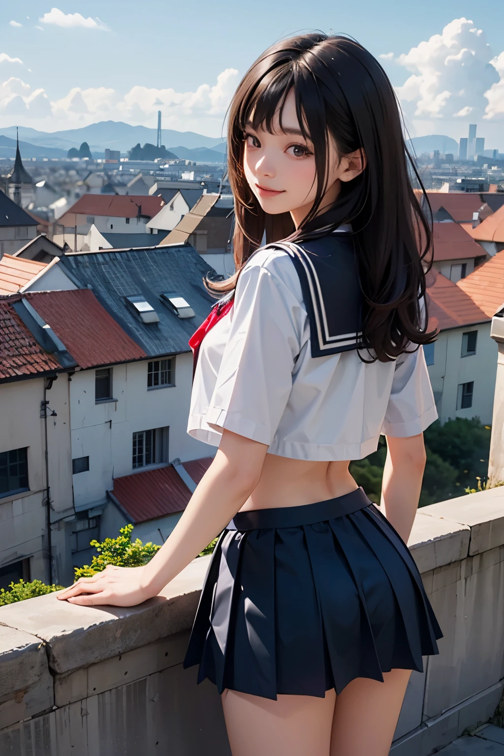 very cute and beautiful girl,(highly detailed beautiful face and eyes:1.2),(smile:1.2),(sailor school uniform),(navy blue pleated mini skirt:1.15),
(looking back,from behind),leaning forward,from below,white panties,
many european houses with red roof,(town overview),detailed landscape,
black hair,(best quality,masterpiece:1.2),intricate details,extremely detailed,8k resolution,solo,natural lighting,
hair fluttering in the wind,beautiful detailed sky,