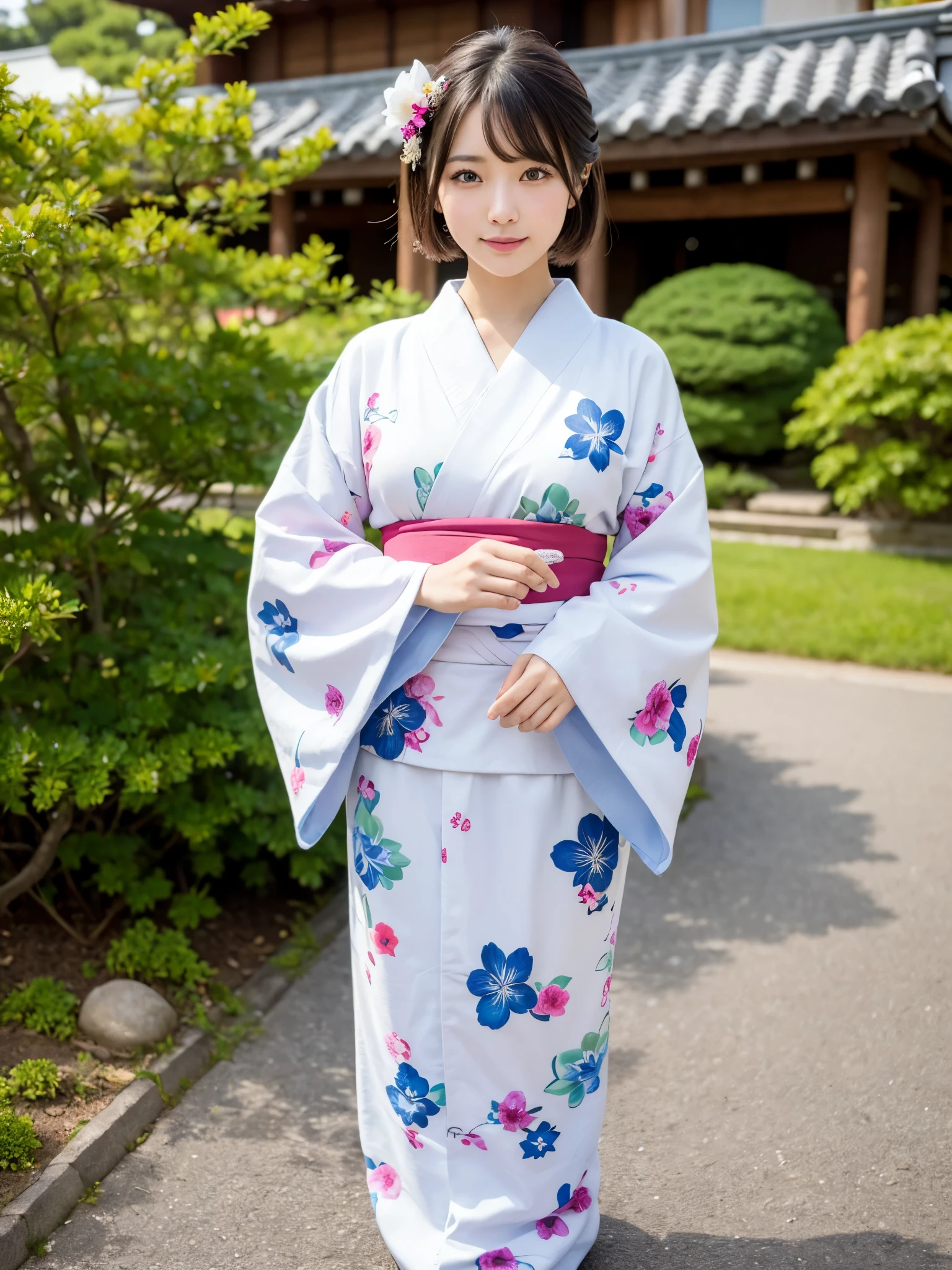 ((of the highest quality, 8K, masutepiece: 1.3, Raw photo)), Sharp Focus: 1.2, (1 AESPA Girl :1.1), Solo, (Realistic, Photorealistic: 1.37), (Face Focus: 1.1), Cute face, hyperdetailed face, (short messy hair: 1.2), Small Smile, Japanese theme, flower pattern KIMONO, standing at the Japan Garden, cinematic lighting, Beautiful Japanese makeup, A beautiful woman that symbolizes Japan culture, full body