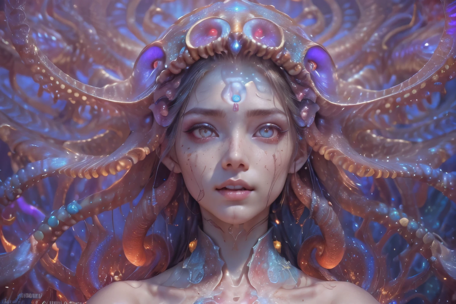 Portrait, (beautiful female alien:1.2), (There is a female genital-like organ in the middle of the forehead.:1.8), (The most beautiful face in the history of the universe:1.2), (Glowing scarlet eyes:1.6), (Translucent pale skin:1.8), an evil gaze that seduces , (red eyes:1.5), Full body like, (Sexypose:1.5), alien, No humans, cells are fused, (Lots of translucent Blue tentacles:1.1), extraterrestrial, cell, bio image, (zenTangle, mandalas, Tangle, enTangle:0.98),(Fractal Art:0.9)(fluttered detailed color splashes:1.1),(marbling:1.1), (Vulgarity:1.15), (Sexy:1.4), sweet breath, a sultry, ((Ecstasy:1.6)), Best Quality, 8K,4K_quality, High Definition, Dramatic Lighting, masutepiece:1.5,cinematic quality, detail up, (Intricate details:1.2), High resolution, High Definition, drawing faithfully, (Thick eyebrows:1.2), Beautiful eyes with fine symmetry, (Highly detailed face and eyes:1.2), (High-resolution red-eye:1.4), Intimate face, (Super detailed skin quality feeling:1.4), Perfect Anatomy, (Beautiful toned body:1.5), (Moist skin:1.2), No makeup, (dark circles:1.1), long canines, cinematic drawing of characters, ultra high quality model, cinematic quality, detail up, (Intricate details:1.2), High resolution, High Definition, drawing faithfully, Official art, Unity 8K wall , 8K Portrait, Best Quality, Very High resolution, ultra detailed artistic photography, midnight aura, unreal enginee 5, Ultra Sharp Focus, art by alberto seveso, ArtGerm, Roisch, intricate artwork, Medusa, best quality, masutepiece, ultra High resolution, (photos realistic:1.4), Ultra-realistic realism, dream-like, nautilus, Creation of fantasy, Snail, Dream Snail, (biopunk nautilus:1.4), Thrilling color schemes, Ultra-realistic realism, seductively smiling, Blue tentacles