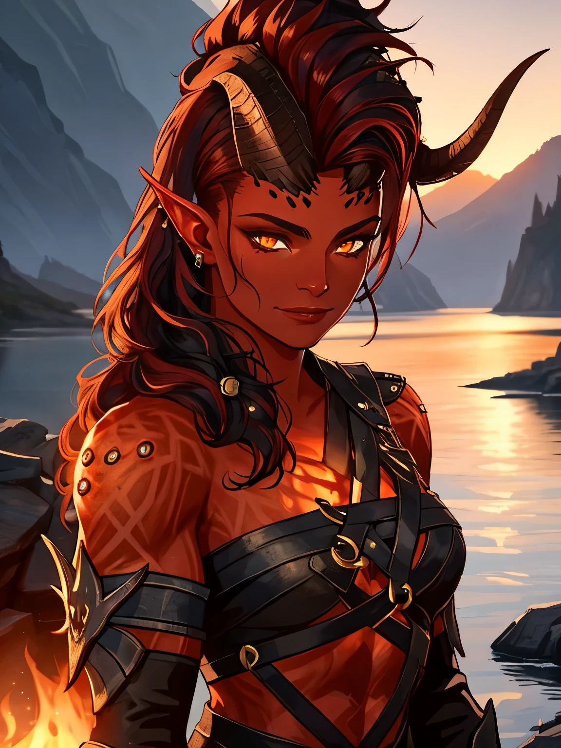 1female Tiefling with red skin, looks like Karlach from Baldursgate, orange eyes,piercings on face, great  skin texture, great eyes, muscle body, one brocken horn at head, wears black leather barbarian clothes, great details, ultra quality, wallpaper, dynamic light, dynamic pose, wears pants, great face, great skin texture, masterpiece, trending on artstation, detailes clothelue tiny  flames around her) calm picture, romantic, great details, lake at night in background, great face, good wallpaper, lovely and romantic setting, great detailed textures, soft face expression, close up, great horns