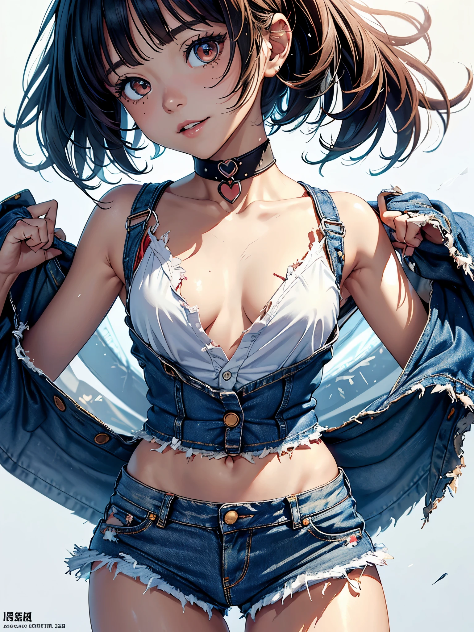 (Superflat, Flat Shading, flat-colors:1.1)、(Magazine Cover)、Illustrations、(Brightいブロンドのヘアー、short-hair、American boyish girl)、crotch open、Smiling、Draw so that the crotch cloth of the white underwear is visible.、Skirt flipping、((Torn and tattered denim skirt、Red underwear))、Choker、When I look through the viewfinder、A bracelet、Thigh strap、Body Painting、Head tilt、8K resolution、intricate clothing、Intricate details、1girll、Solo、Standing、Cowboy Shot、Arms at sides、((from behind、hindquarters、heart cutout、hip incision))、Volumetric lighting、Soft light、Bright、neons、Vibrant colors、watercolor paiting、