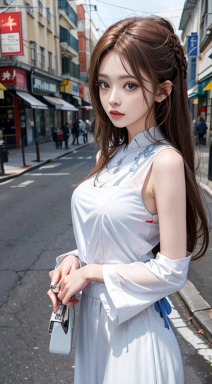 hight resolution，
1 beautiFul young woman，
（SoFt saturation：1.3）， （Fair skin：1.2），
Wear red clothes，
85mmレンズ，F/8.0，
background
Gare，
brown haired，
medium breasts⁩，

thunder

（China Street：1.3），
1girll，18year old，（Porcelain dress：1.5），Side Tie Peak，（Porcelain dress：1.5），
Double van and long double tail， brunette color hair