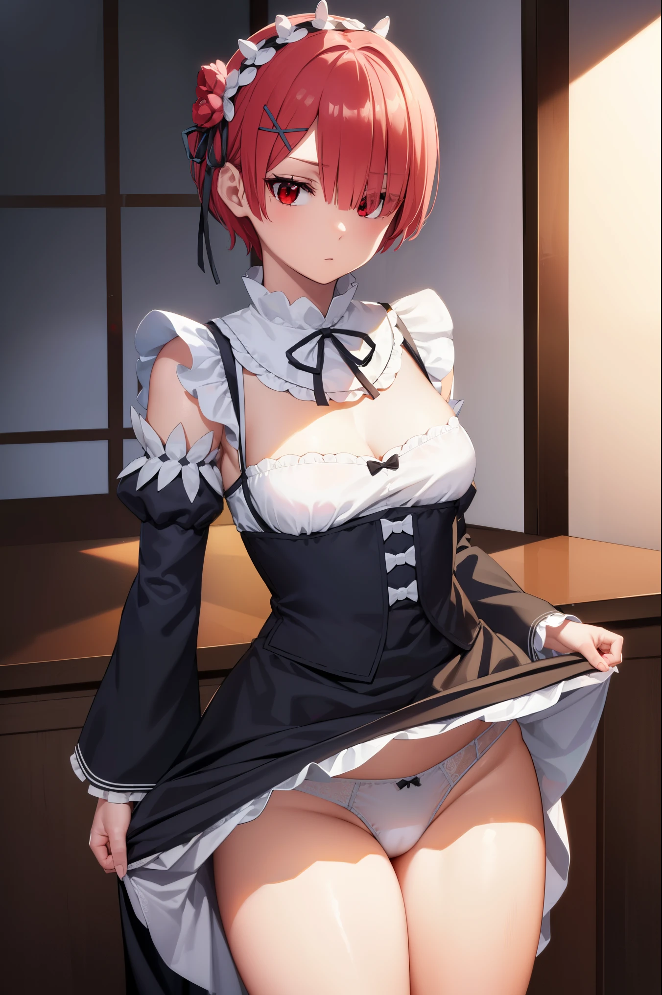 rezeroRam, Ram, Hair Flower, Hair Ornament, Hair over one eye, Pink hair, (Red Eyes:1.5), Short hair, x Hair Ornament, Bangs, dull banglat chest:1.2),
BREAK apron, black Bow, black Dress, black bow ribbon, Bow, Detached sleeves, Dress, frilld apron, frilld sleeve, frilld, juliet sleeves, Long sleeves, maid, neck bow ribbon, Puffy sleeves, bow ribbon, roswaal mansion maid uniform, thighs thighs thighs thighs, two-tone Dress, Waist apron, white Bow, white Dress, white thighs thighs thighs thighs,
BREAK indoors, mansion,
BREAK looking at viewer, (Cowboy Shot:1.5),
BREAK (masutepiece:1.2), Best Quality, High resolution, Unity 8k壁纸, (Illustration:0.8), (Beautiful detailed eyes:1.6), extra detailed face, Perfect Lighting, extremely details CG, (Perfect hands, Perfect Anatomy), (((White underwear with decorations)))