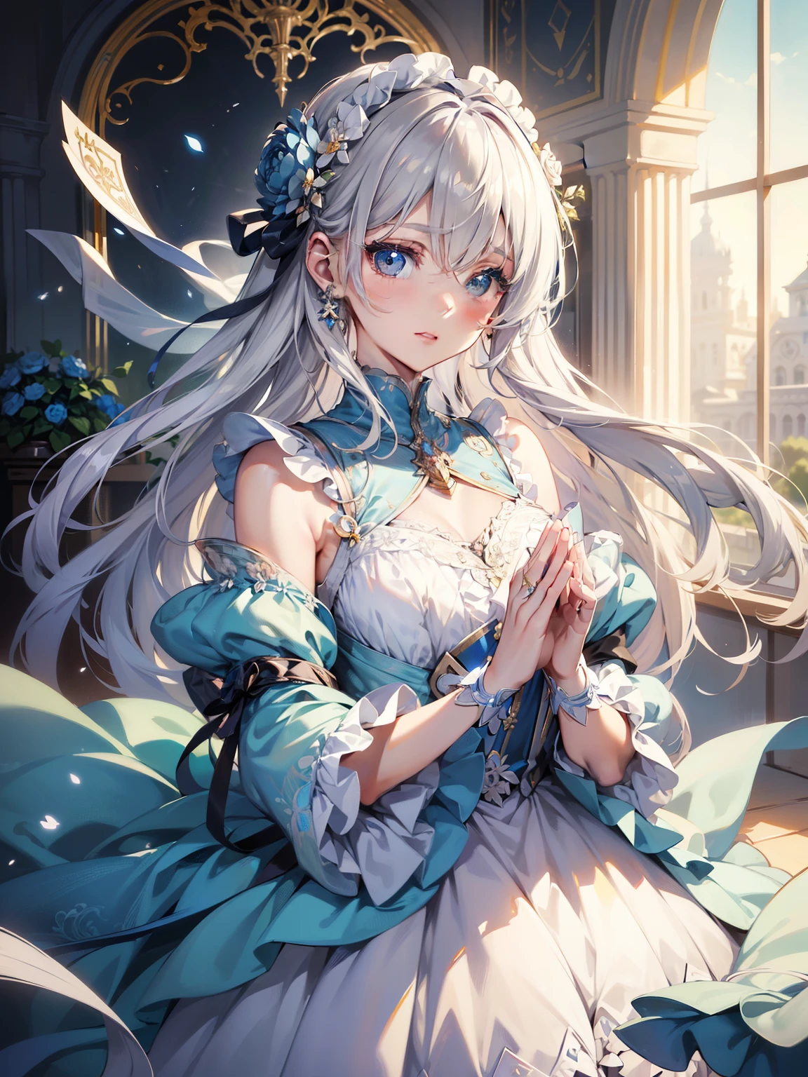 Official art, ヨーロッパの​masterpiece女性,, pale silver hair , azure eyes, (​masterpiece、top-quality、hight resolution: 1.4),in 8K, Anime Art Nouveau, highly detailed exquisite fanart, anime fantasy illustration, clean detailed anime art, detailed anime art, sharp focus of a person, Delicate Beautiful Hair and Eyes and Face, realisitic, ultra-detailliert, Flower Garden,((Delicate, delicate and cute hands)),((elegant shiny dress)),((Lots of races)),((lots of ruffles)),((lots of ribbons))