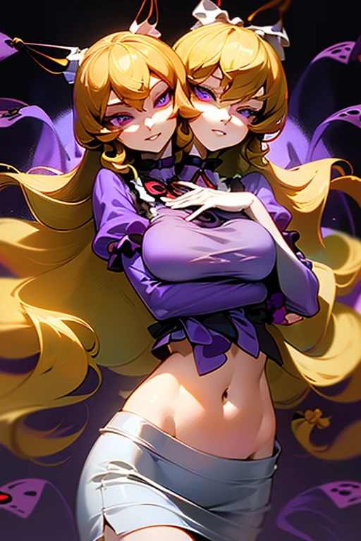 2heads, conjoined, 2girls, (2heads:1.5), (yakumo yukari:1.4), masterpiece, best quality, purple top, crop top, ((stomach)), midriff, ((groin)), white skirt, normal ears, shackles, blonde hair, very long hair, wavy hair, sidelocks, blue eyes, parted lips, single horn, sweat, red horns, desk, toned belly, hand on own chest, eyelashes, (25 year old woman:1.4), (masterpiece:1.4), (best quality:1.4), (beautiful detailed eyes), extremely detailed CG, extremely delicate and beautiful, depth of field, (finely detailed face), (perfect details:1.0), (mature female:1.3), wide pelvis, slender, large veiny breasts, sweat, (highest quality, amazing details: 1.25)
