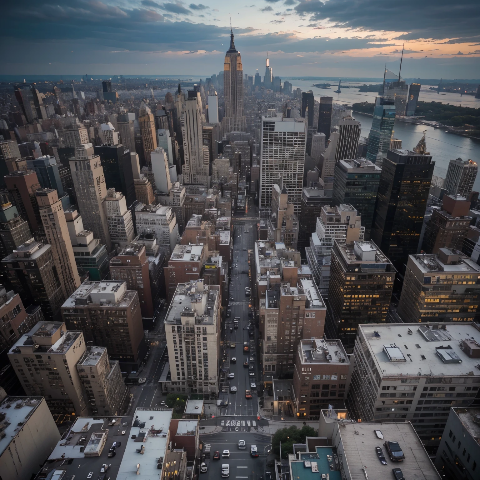 a hyper realistic of a busy new york cityscape, from above, cinematic style