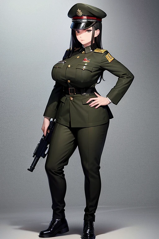 Military Uniform, Black Hair, Breast, Military Cap, Full body, Bikini