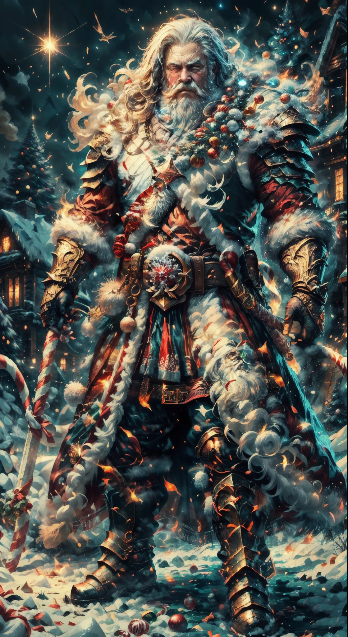 Santa Claus as the boss of the game "Dark Souls" in the Christmas DLC,best quality,4k,8k,highres,masterpiece:1.2,ultra-detailed,realistic:1.37,[HDR],[UHD],[studio lighting],extremely detailed face,beautiful detailed eyes,beautiful detailed lips,long eyelashes,[physically-based rendering],powerful physique,wearing a red and white armor suit with intricate designs,[imposing presence],holding a mighty candy cane [greatsword],surrounded by a snowy landscape,with large icicles hanging from the environment,casting a golden aura,[epic battle scene],intense fire and smoke effects,[vivid colorokeh],blue and white color scheme with hints of gold, dramatic lighting with warm highlights and cool shadows.