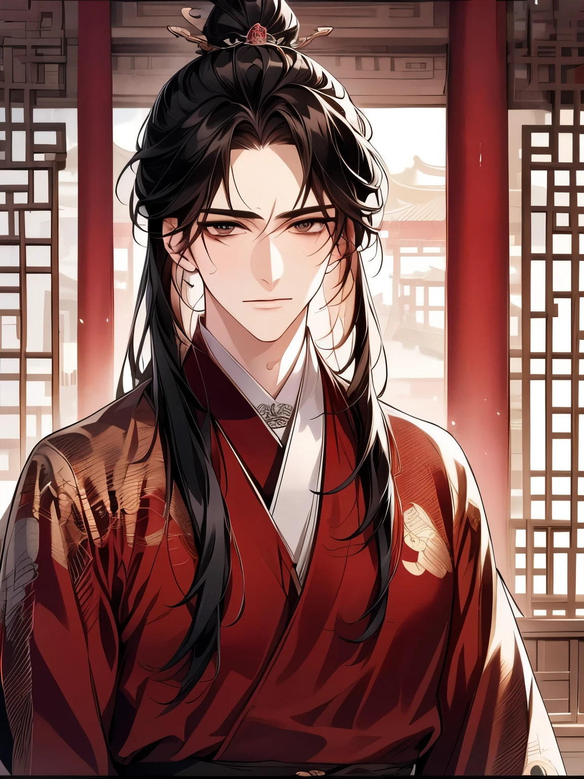 Best quality at best,tmasterpiece,16k,,a beautiful man,(Black Hanfu:1.5),asian architecture interior,ancient chinese style palace,