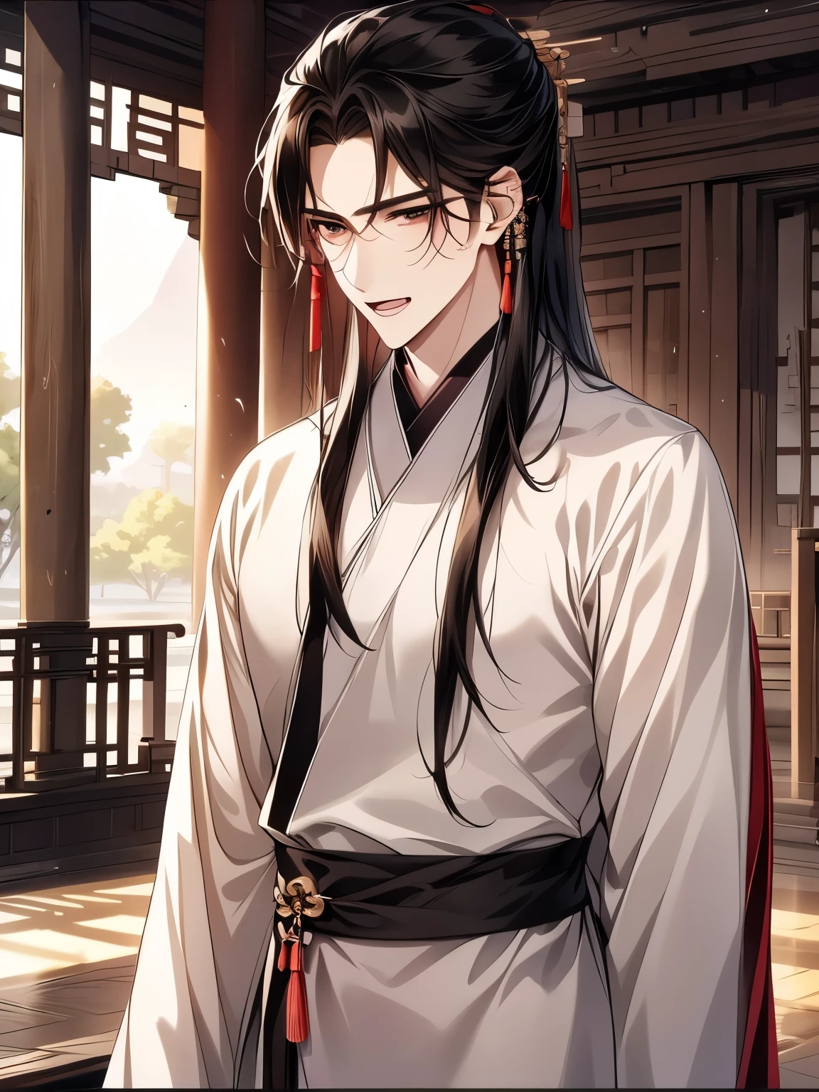 Best quality at best,tmasterpiece,16k,,a beautiful man,(Black Hanfu:1.5),asian architecture interior,ancient chinese style palace,