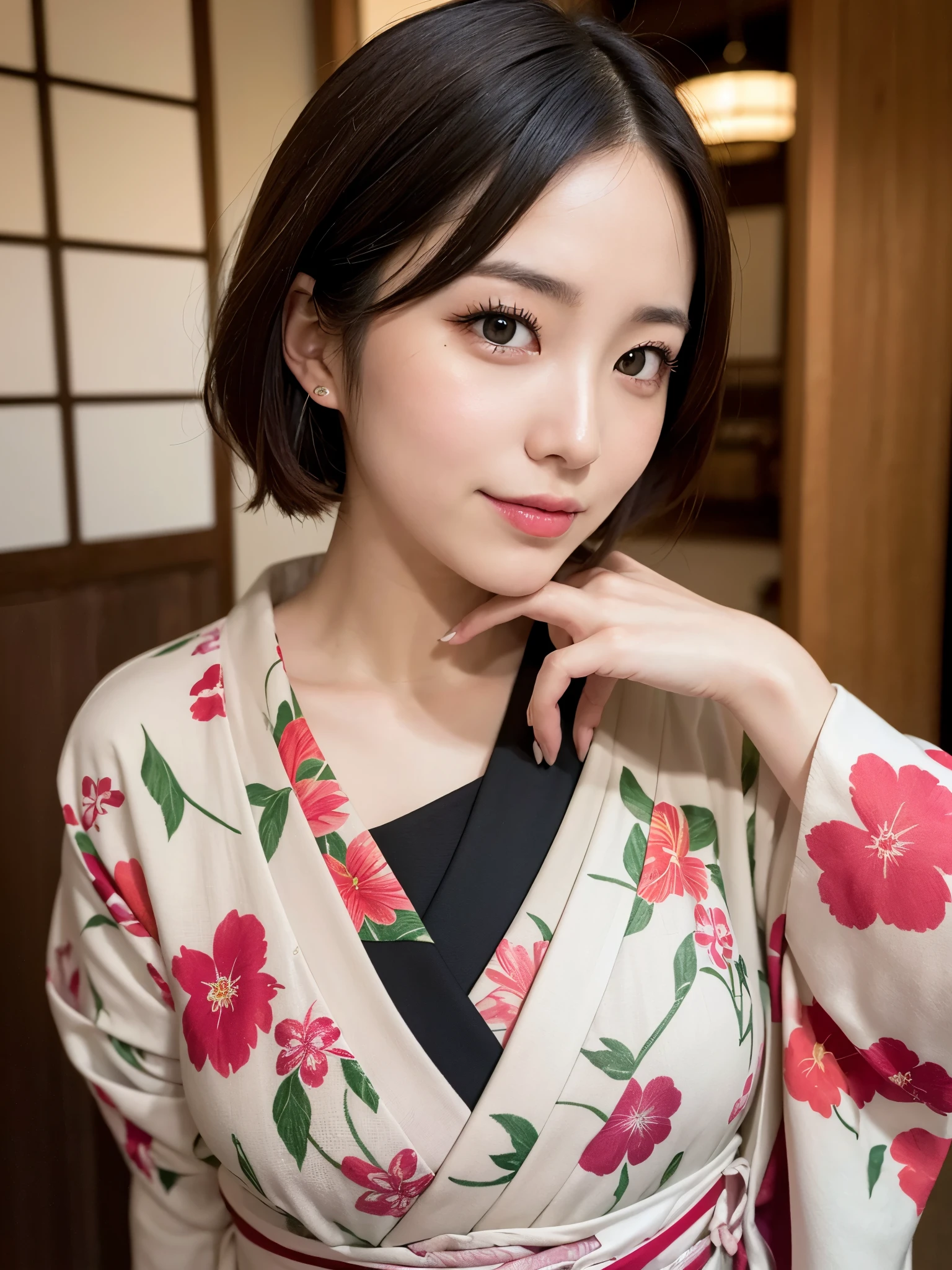 ((of the highest quality, 8K, masutepiece: 1.3, Raw photo)), Sharp Focus: 1.2, (1 AESPA Girl :1.1), Solo, (Realistic, Photorealistic: 1.37), (Face Focus: 1.1), Cute face, hyperdetailed face, (short messy hair: 1.2), Small Smile, Japanese theme, flower pattern KIMONO, standing at the Japan Garden, cinematic lighting, Beautiful Japanese makeup, A beautiful woman that symbolizes Japan culture, full body, winter