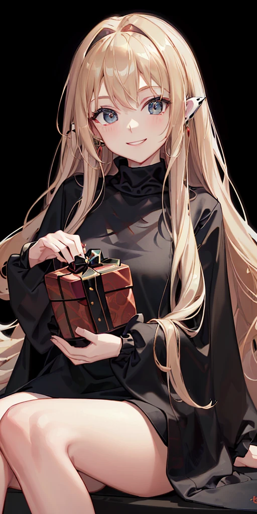 (Real: 1.4), (Masterpiece, Sidelights, Fine Beautiful Eyes: 1.2), Masterpiece*Portrait、、、、, Realistic, 3D Face, Glistening Eyes, Glossy Hair, Skin Falling Out, Solo、、、、, Embarrassing, (Epigastric), White Underwear, Blonde Hair, (Princess)21yo DV_Manuela_Vicious ((Black Theme, Black backdrop:1.4))  (red long curls :1.4)wearing (Black sweatshirt :1.4) 35mm, F/2.8 
(smiling at viewer  :1.5) (receiving a red gift:1.5)