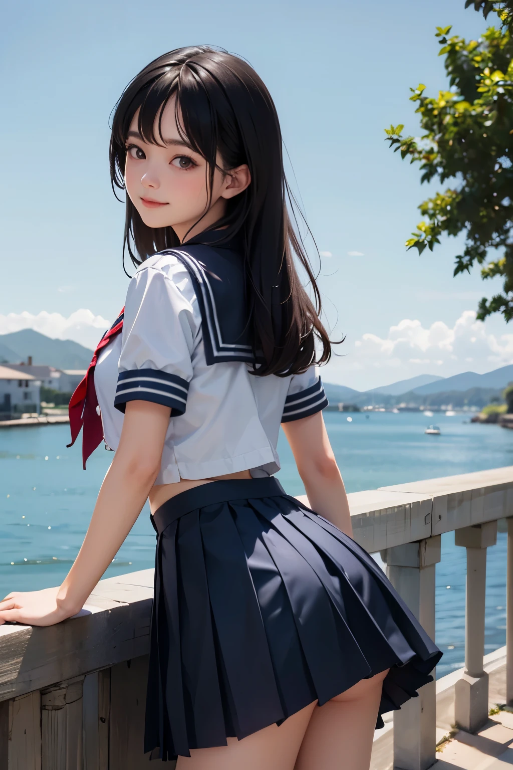 very cute and beautiful girl,teen,(highly detailed beautiful face and eyes:1.2),(smile:1.2),(sailor school uniform),(navy blue pleated mini skirt:1.15), (looking back,from behind),leaning forward,(from below),many european houses with red roof,(town overview),detailed landscape, black hair,(best quality,masterpiece:1.2),intricate details,extremely detailed,8k resolution,solo,natural lighting, hair fluttering in the wind,beautiful detailed sky,