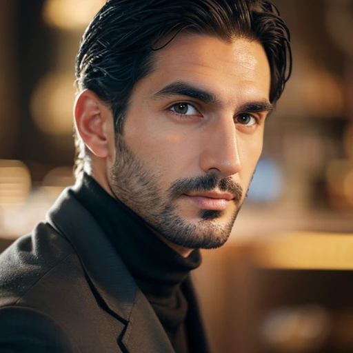 (Front view) Very detailed photo of an Italian man, Detailed coffee shop background, (with black hair), (Dark eyes) (Symmetrical handsome face) Nice and well-defined nose, (well-marked angular jaws), Proportions and full lip, stunning realistic photograph, Realistic soft colors, Octane Render, Intricately detailed, Sharp Focus, Stunning full color, Shooting with a DSLR camera, 32K resolution, Best Quality, (Focus on skin texture)