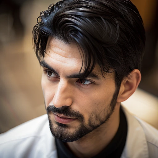 (Front view) Very detailed photo of an Italian man, Detailed coffee shop background, (with black hair), (Dark eyes) (Symmetrical handsome face) Nice and well-defined nose, (well-marked angular jaws), Proportions and full lip, stunning realistic photograph, Realistic soft colors, Octane Render, Intricately detailed, Sharp Focus, Stunning full color, Shooting with a DSLR camera, 32K resolution, Best Quality, (Focus on skin texture)