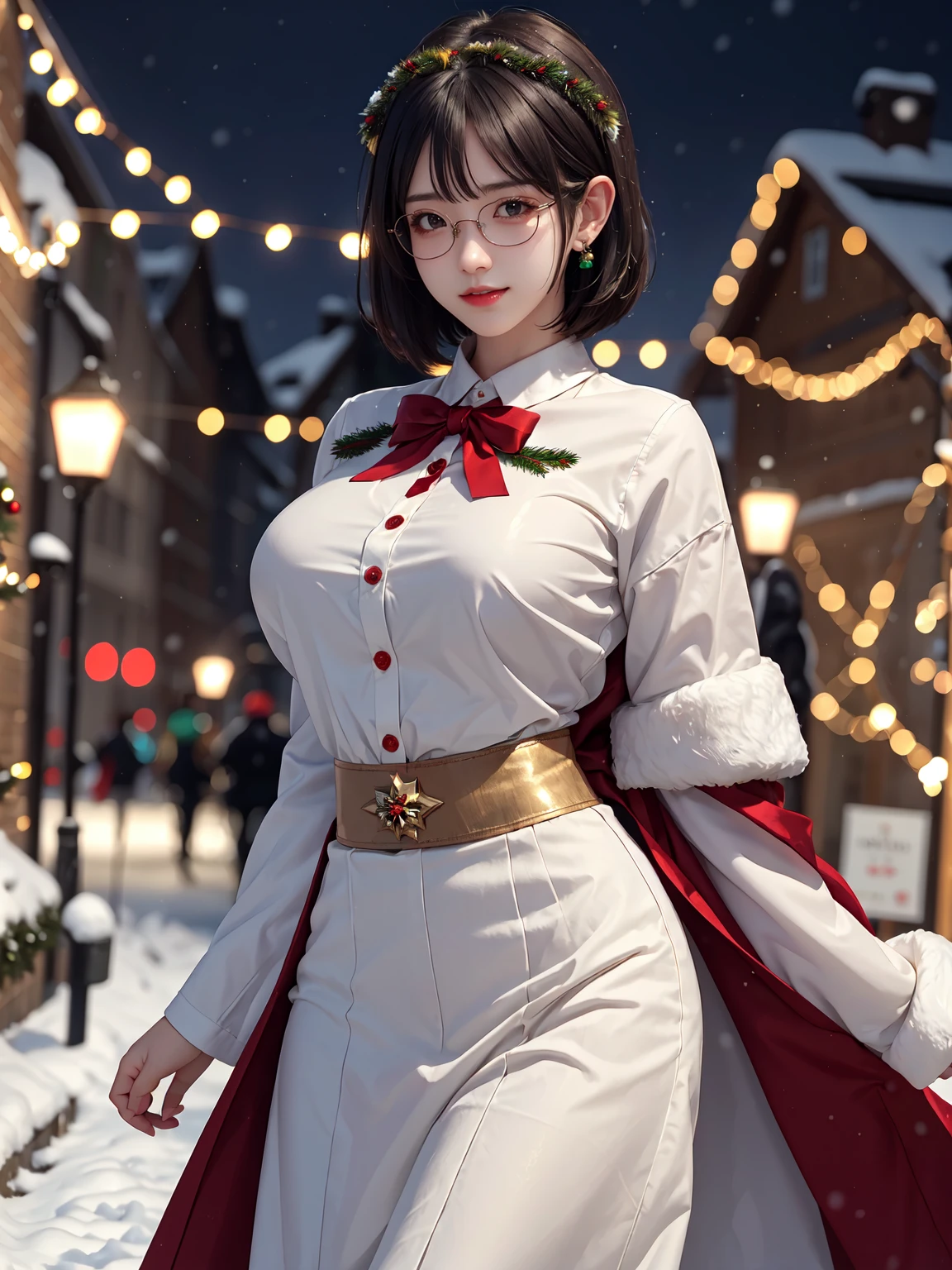 (masterpiece:1.3), live wallpaper, top-quality, Beautifully Aesthetic:1.2, ((1 girl)), solo, Christmas party night, (red and white colors christmas uniform, shirt and long skirt), (black brown Hair, Straight hair, short hair), detailed face, detailed eyes, detailed ears, detailed lips, ((eye-glasses)), (perfect body (large breasts, firm breast, nicely shaped breasts, slender figure)), (Upper body shot:1.1), (From front:1.3), (Looking at viewer, smiling), (hands behind back, elegant stylish contraposto pose:1.2) (walking on the modern street Christmas night snow:1.3), ((At the middle of christmas celebration decorated for christmas at late night:1.2)), intricate background, ultra realostic background