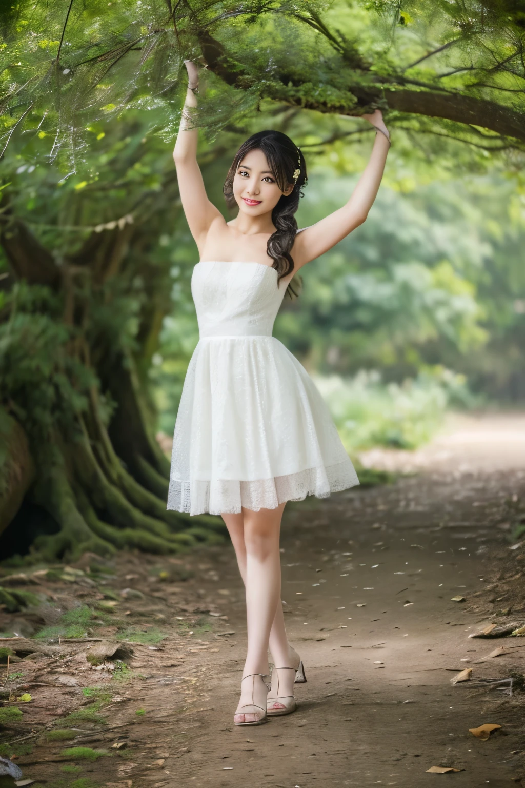 (Best Quality,8ｋ,Absolutely beautiful:1.2),(Beautiful、Beautiful realistic woman),Model costumes、Perfect body、Beautifulなskin、Beautiful limbs、gravure、Universal beauty、View of the valley、Glamour、thick mist、big tree:1.5、Yamabiko:1.4、Professional filming、artistic、
