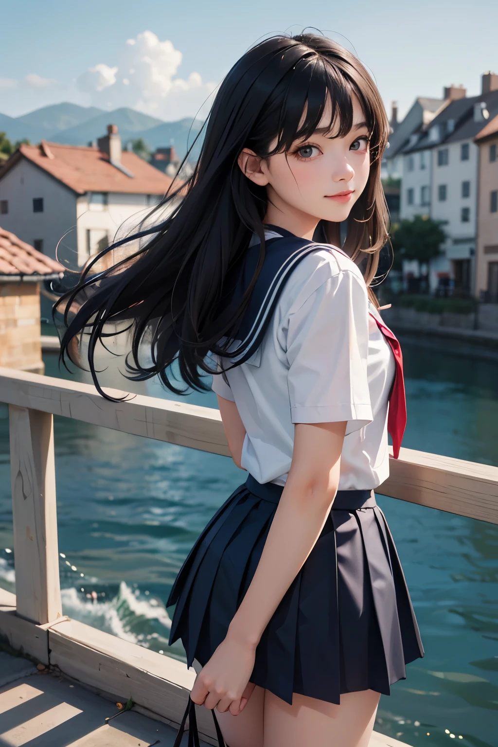 very cute and beautiful girl,,(highly detailed beautiful face and eyes:1.2),(smile:1.2),(sailor school uniform),(navy blue pleated mini skirt:1.15), (looking back,from behind),leaning forward,(from below),many european houses with red roof,(town overview),detailed landscape, black hair,(best quality,masterpiece:1.2),intricate details,extremely detailed,8k resolution,solo,natural lighting, hair fluttering in the wind,beautiful detailed sky,