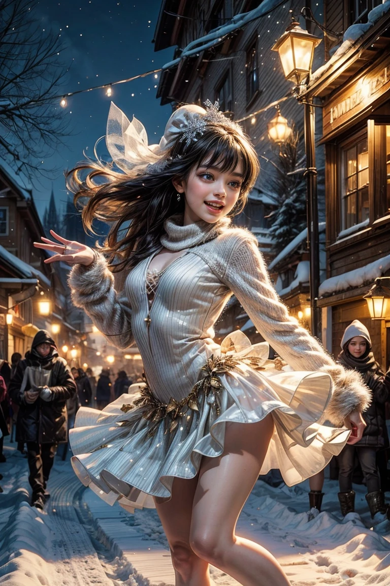 The Gilted Santa | GIRL dancing snowflakes, children playing in the snow, fluffy snow-covered ground, warm glowing lights, cozy and festive atmosphere, joyful laughter and smiles, intricate decorations on the Christmas tree, shimmering ornaments, sparkling tinsel and garlands, beautiful ballerinas gracefully twirling and leaping, ethereal snowfall creating a magical backdrop, delicate snowflakes on eyelashes and winter attire, elegant costumes enchanting music filling the air, anticipation and excitement for the holiday season, a mesmerizing winter wonderland.