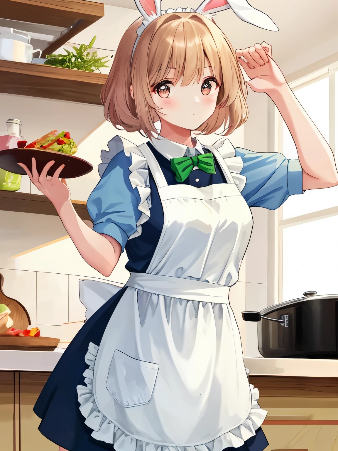1girl, beautiful, rabbit ears, apron, cooking, morning