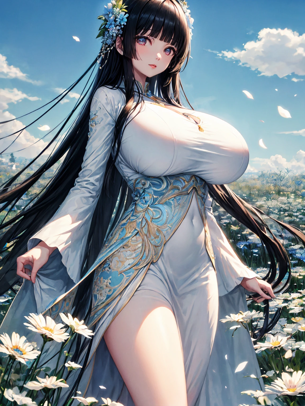 (absurd res, A high resolution, ultra - detailed, hyper HD, Cinematic), Alone, 1个Giant Breast Girl, mature, Happy, (huge breasts:1.5),girl standing in light blues flower field, light blues flower petal surrounding girl, full bodyesbian, Black long-haired girl, light black hair, fanciful, dream-like, Snowy Land, offcial art, trending art, contours, ultra - detailed face, ultra - detailed eyes, light blues flower field, ultra - detailed field, The white blue sky, Cold, light blues, The white, Nebula in the sky, blue tree, aquarelle, pastel colour