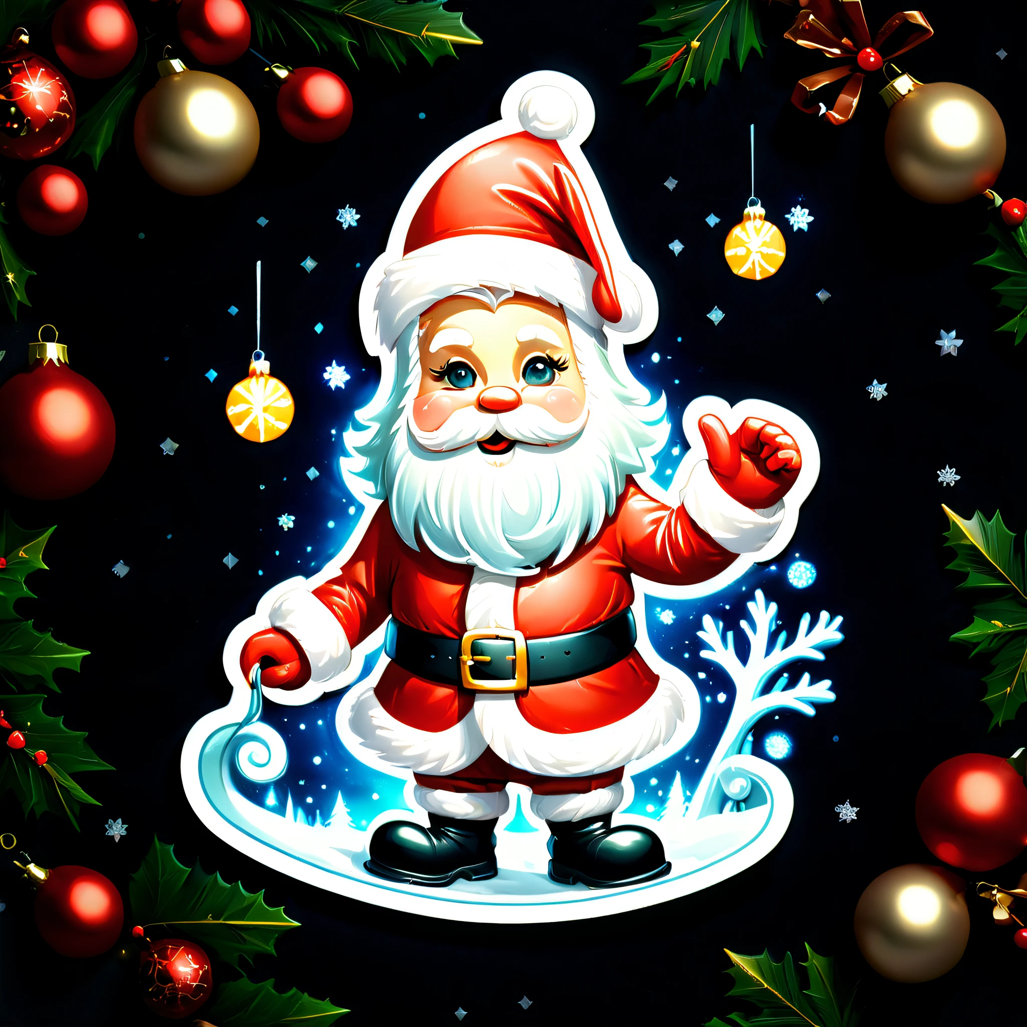 (((sticker art:1.3))), (((christmas santa stickers:1.3))), digital paint illustration sticker, Christmas tree-like cane, wearing a Christmas-like dress, Christmas color neon background glow effect, Cinematic angles, Dark fantasy reindeer and sleigh, on a decorative glass table, smooth detail, High quality, Amazingly detailed rendering, Tonal contrast, intricate-detail,