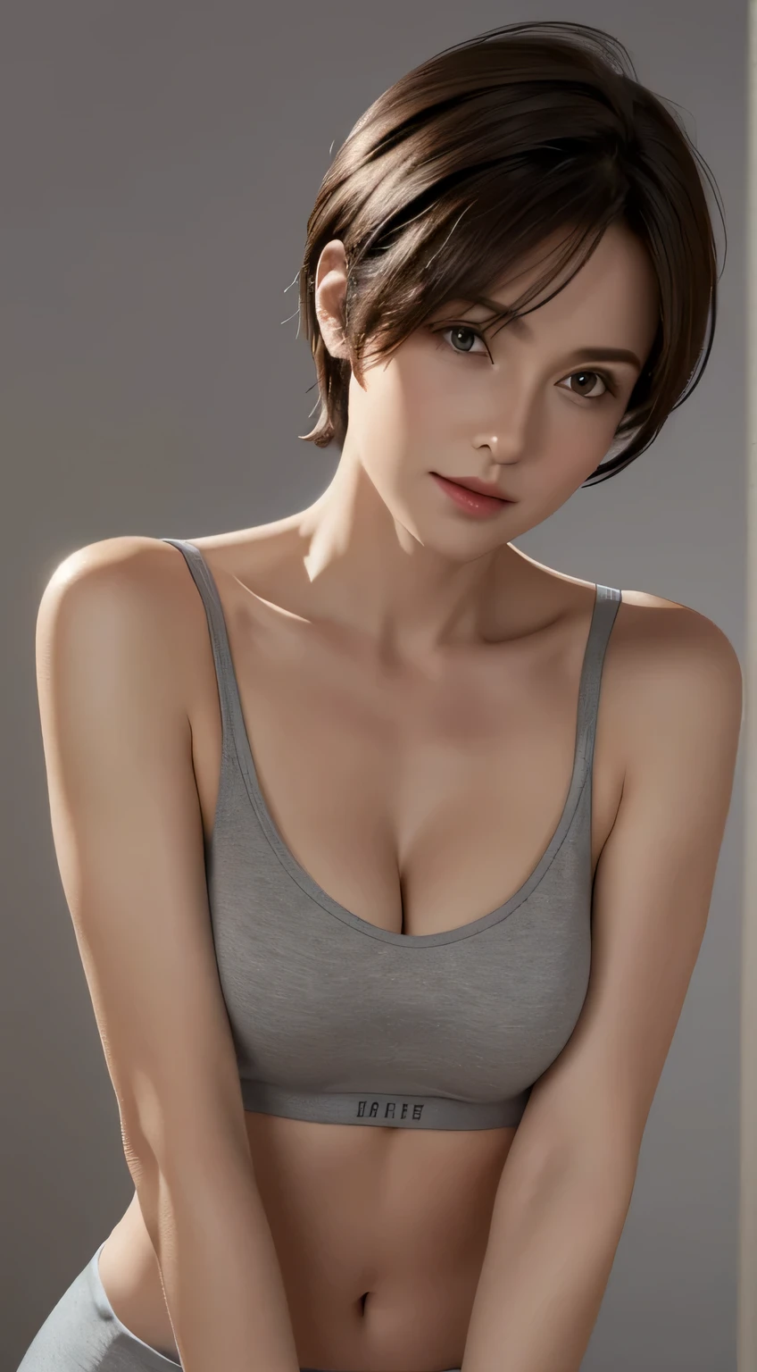 Looking at Viewer, Cinematic lighting, Perfect, softlight, High resolution skin:1.2, Realistic skin texture, 30 years old mature woman、a small face、no-makeup、off shoulders,Bust B Cup、 Exposed cleavage, Small breasts、Short hair, dark brown hair、leggins、Sportsbra、fullnude、Gray background