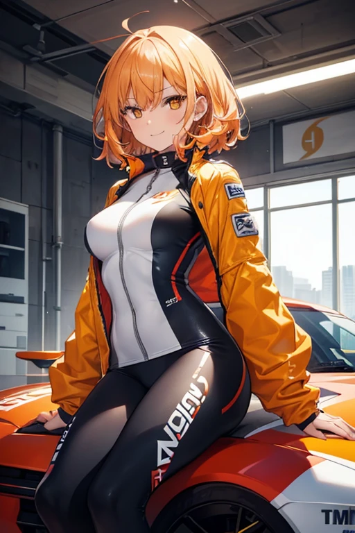 1girl, female racer, racing suit, yellow suit, medium hair, orange eyes, medium breasts, sexy, defiant smile, beautiful