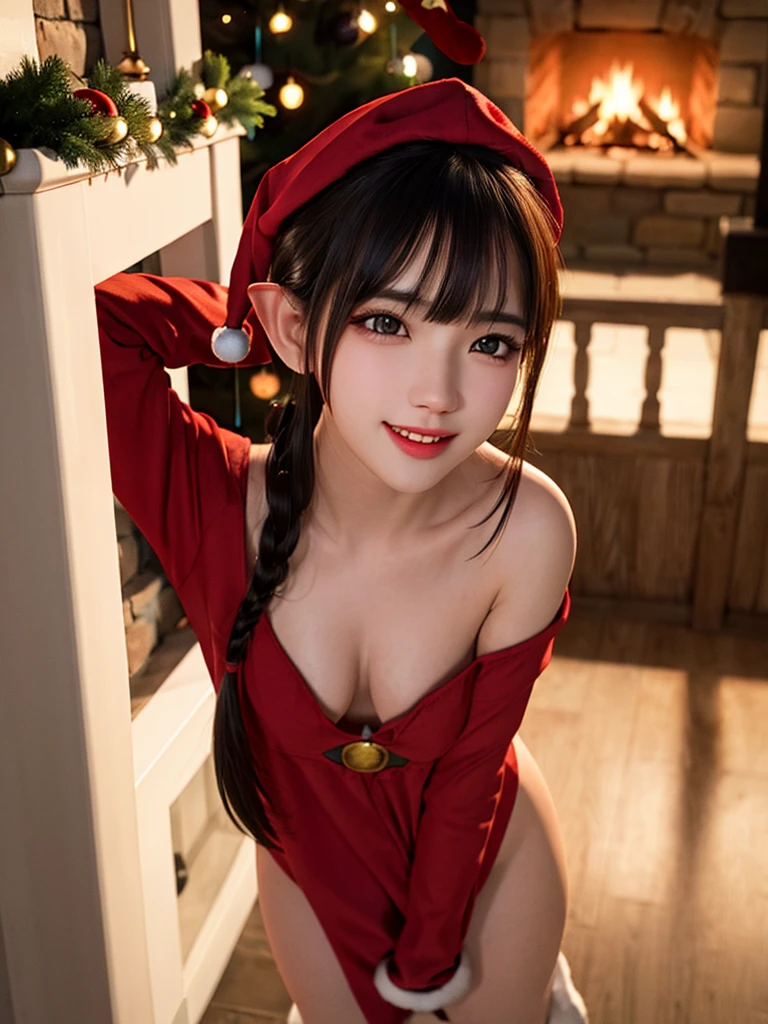 NSFW. (nude), trim fit physique, (elegant, beautiful face), (skin details), (oil: 0.6), (kpop elf woman, sexy), braided hair with bangs, slightly pointed small ears, (very detailed face), brown eyes, (very detailed and expressive force eyes), pubic hair, ((medium breasts, exhibitionism)), (((21 years))), smiling, wearing a red Santa hat, ((at night)), (standing), in a medieval stone tower by a blazing stone fireplace and a Christmas tree, classic illustration