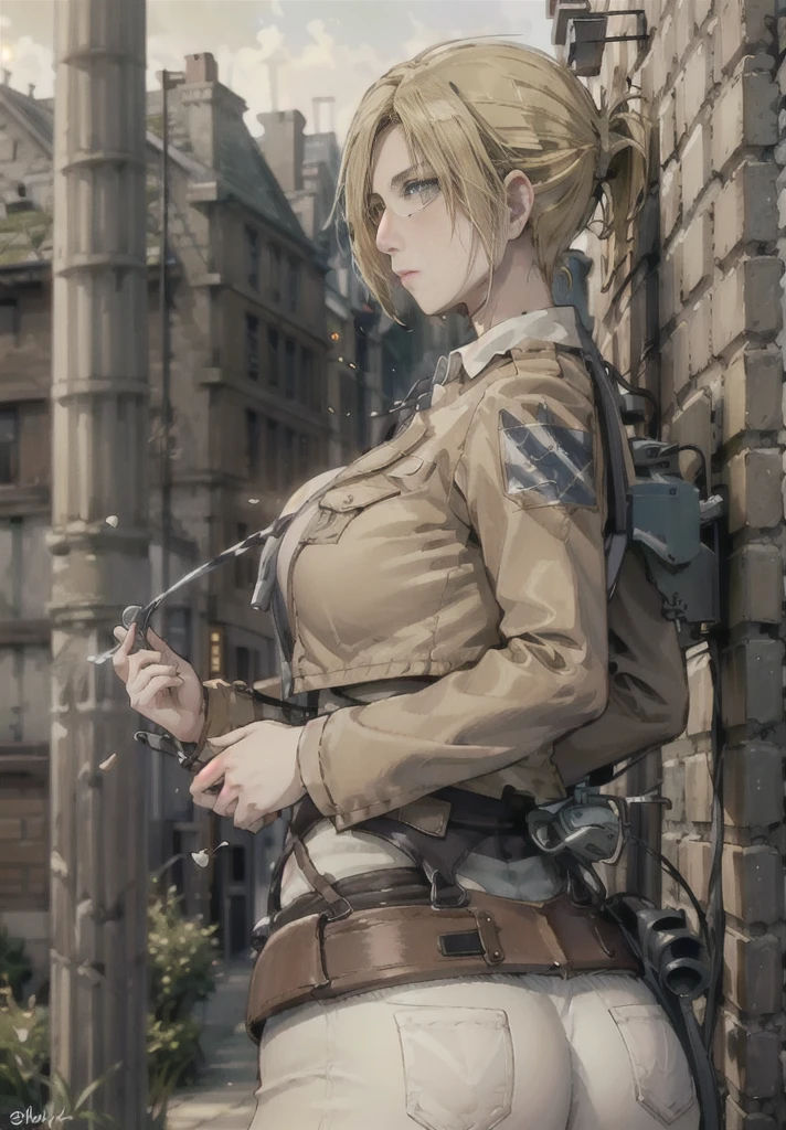 ((annie leonhart)),((velocity)),((Women stand)),Embarrassed,velocity,((classic dorm)),((One Woman)),her ass facing this way,fullbody, big ass,blue eye,detailed eyes,blushing))(​masterpiece:1.2、top-quality)、(the Extremely Detailed CG Unity 8K Wallpapers、ultra-detailliert、Best Shadows)、(细致背景)、(The best lighting、extremely delicate and beautiful)、depth of fields、1girl in、独奏 ,Women wear  scout outfit,Ephemeral,,(blonde),(scout regiment outfit)),outfit like a scout regiment,((((profile facing diagonally)),((massive fart))