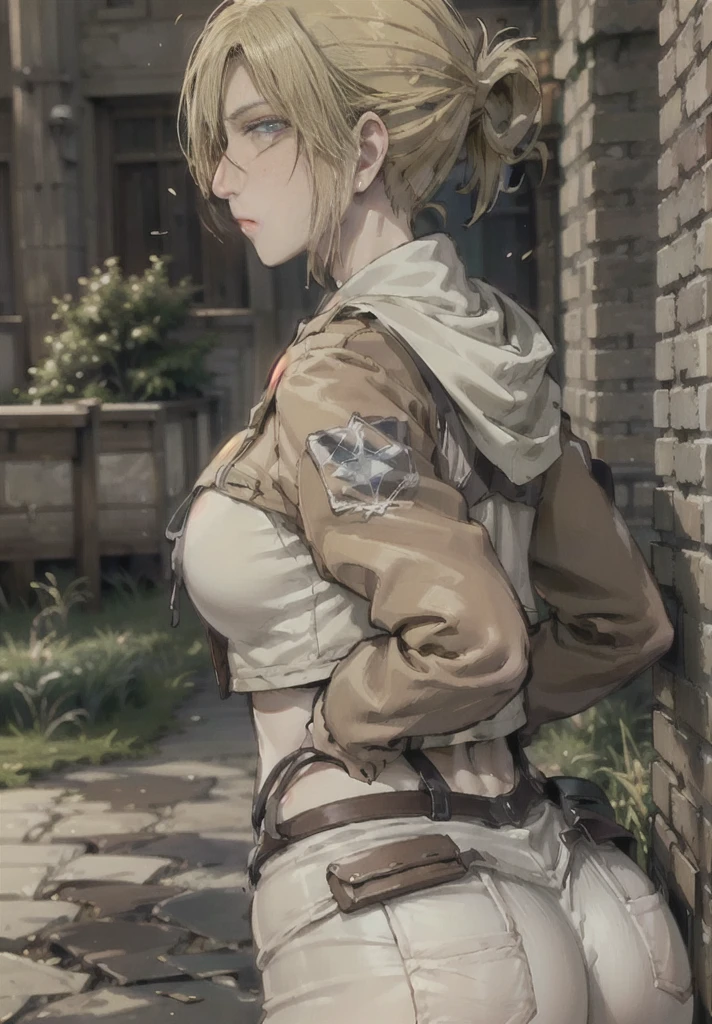 ((annie leonhart)),((velocity)),((Women stand)),Embarrassed,velocity,((classic dorm)),((One Woman)),her ass facing this way,fullbody, big ass,blue eye,detailed eyes,blushing))(​masterpiece:1.2、top-quality)、(the Extremely Detailed CG Unity 8K Wallpapers、ultra-detailliert、Best Shadows)、(细致背景)、(The best lighting、extremely delicate and beautiful)、depth of fields、1girl in、独奏 ,Women wear  scout outfit,Ephemeral,,(blonde),(scout regiment outfit)),outfit like a scout regiment,((((profile facing diagonally)),((massive fart))