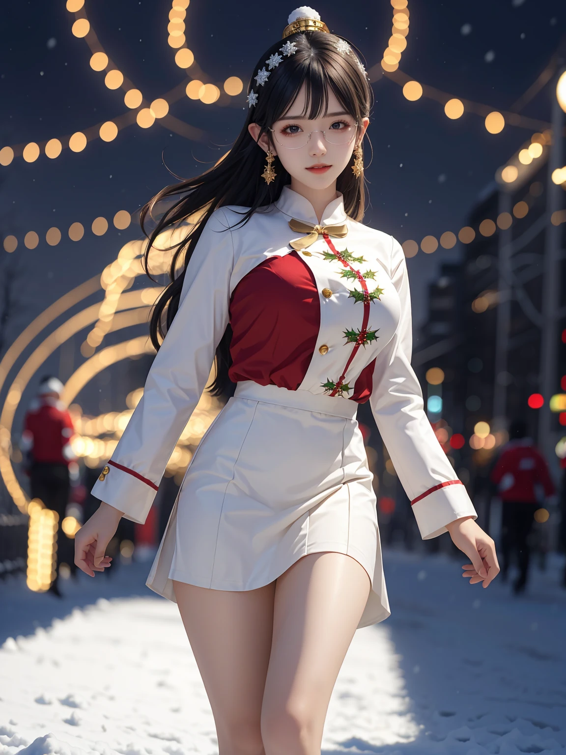 (masterpiece:1.3), live wallpaper, top-quality, Beautifully Aesthetic:1.2, ((1 girl)), solo, Christmas party night, (red and white colors christmas uniform, shirt and long skirt), (black brown Hair, Straight hair, short hair), detailed face, detailed eyes, detailed ears, detailed lips, ((eye-glasses)), (perfect body (firm breast, nicely shaped breasts, slender figure)), (Upper body shot:1.1), (From front:1.3), (Looking at viewer, smiling), (elegant stylish contraposto pose:1.2) (walking on the modern street Christmas night snow:1.3), ((At the middle of christmas celebration decorated for christmas at late night:1.2)), intricate background, ultra realostic background