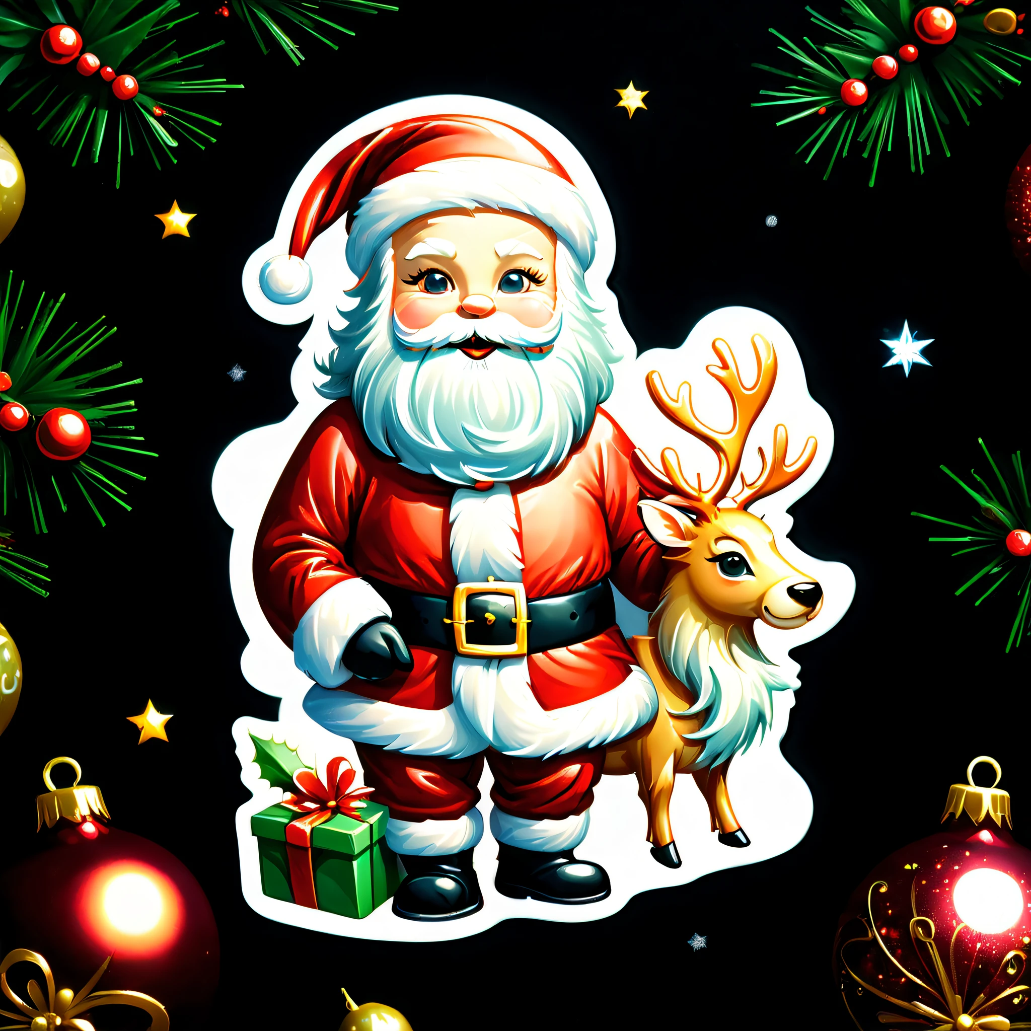 (((Christmas santa style wizard sticker illustration:1.3))), oil painting illustration sticker, Christmas tree-like cane, wearing a Christmas-like dress, Christmas color neon effect, Cinematic angles, Dark fantasy reindeer and sleigh, inside the frame, smooth detail, High quality, Amazingly detailed rendering, Tonal contrast,
