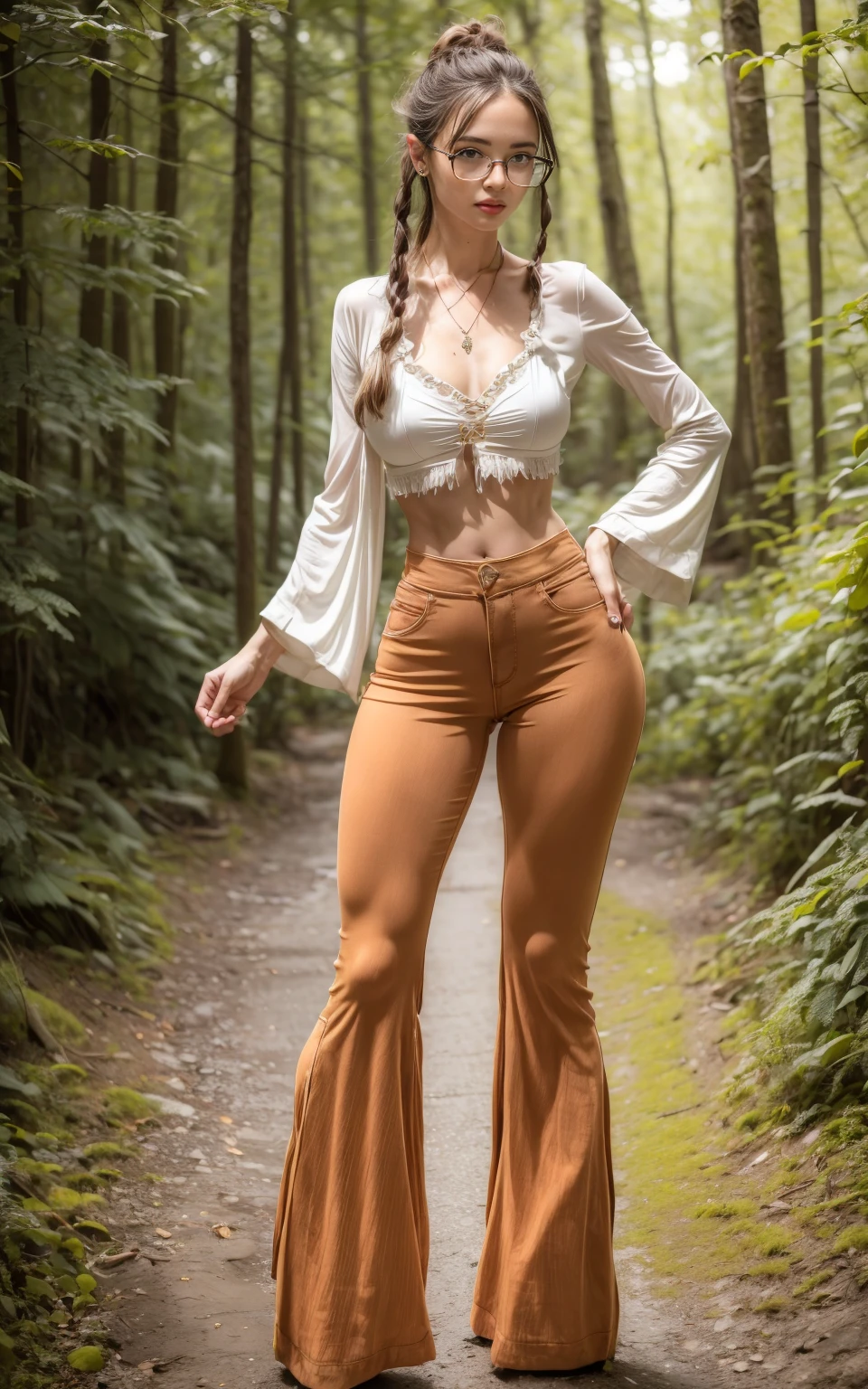 (8K, Masterpiece, RAW photo, Best quality, detail:1.3), (ultra realistic Natural background, scenary:1.5), Depth of field, Cinematic light, (ultra realistic face), (1 picture of 1 girl Airim Jones:1.4), 1girl, (Beautiful and elegant Russian girl), (skinny girl with glasses), (European face:1.3), (perfect complete full body:1.5), (small necklace, collarbone:1.1), ( [braids|bangs|ponytail|pigtails|bob|pixie] hair:1.5), (ultra detailed skin:1.4), (sexy outfit:1.6),, (Bell Bottoms:1.5), (perfect standing pose:1.5), (perfect long legs:1.4)
