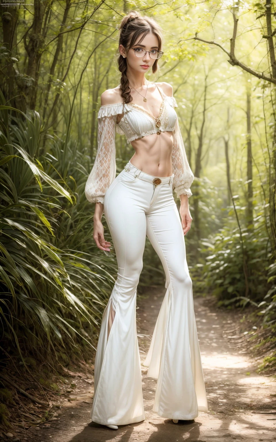 (8K, Masterpiece, RAW photo, Best quality, detail:1.3), (ultra realistic Natural background, scenary:1.5), Depth of field, Cinematic light, (ultra realistic face), (1 picture of 1 solo girl Airim Jones:1.6), 1girl, (Beautiful and elegant Russian girl), (skinny girl with glasses), (European face:1.3), (perfect complete full body:1.5), (small necklace, collarbone:1.1), ( [braids|bangs|ponytail|pigtails|bob|pixie] hair:1.5), (ultra detailed skin:1.4), (sexy outfit:1.6),, (Bell Bottoms:1.5), (perfect standing pose:1.5), (perfect long legs:1.4)