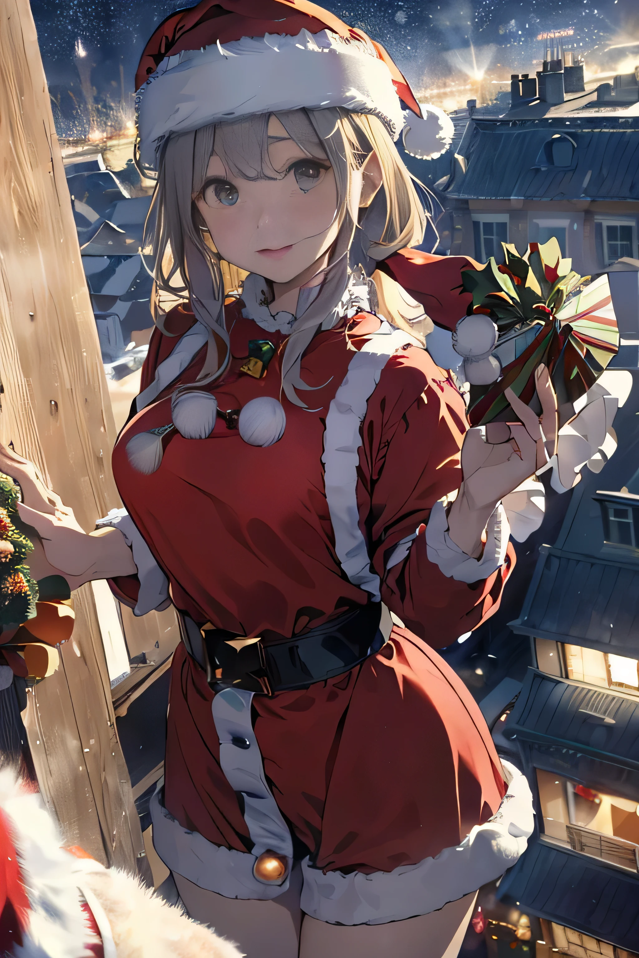 RAW image quality、8K分辨率、Ultra-high-definition CG images、Absurd resolution, hight resolution, (masterpiece:1.4), The ultra-detailliert, 1girl in, floated hair、floating、View the book, ((kosmos服を着て:1.4)), (((Wearing a Santa Claus hat:1.4)))Seen from above, (((kosmos:1.4))), Planktonic, satellite, ((kosmos空間での運用:1.4)), wide-angle lens distortion