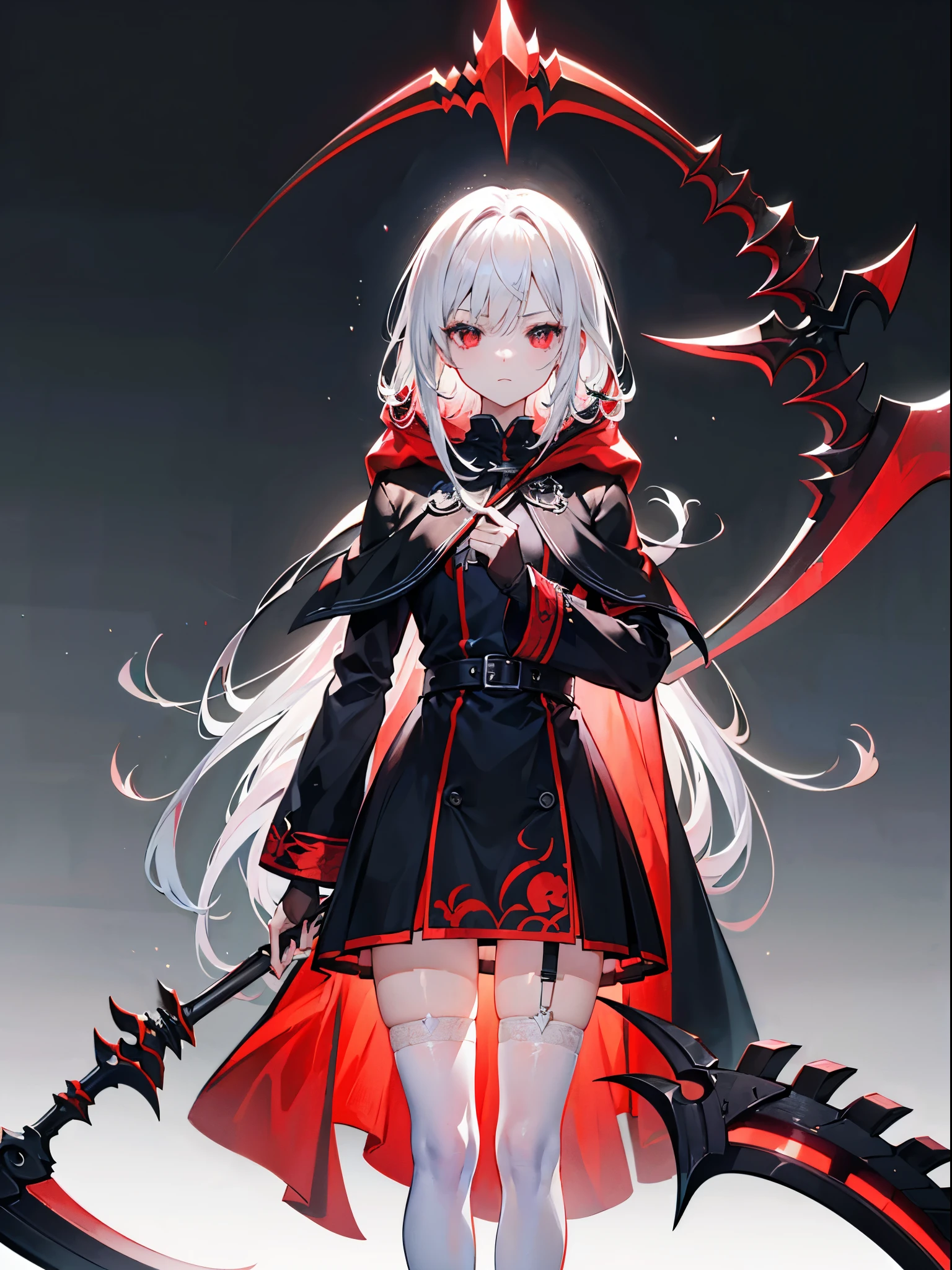 （tmasterpiece,best qualtiy,style of anime,a sense of atmosphere，cg render，4K，Standing painting，Ray traching，Wallpapers)(white hair，long whitr hair，red pupils，黑色long whitr hair，disdainful expression，Black hooded cape，Cover the whole body，white stockings，Holding a death scythe）（Solo）