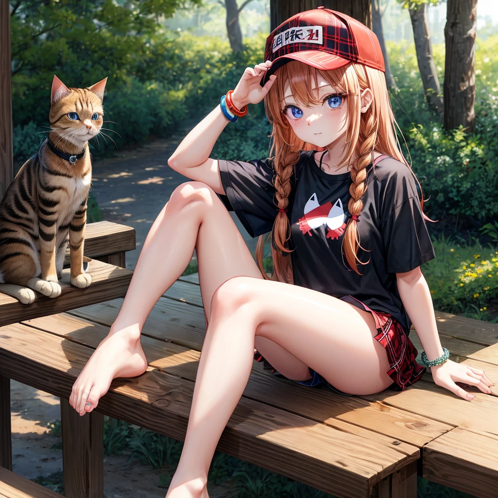red blonde、blue eyess、Braids、one good looking girl、独奏、animesque、Plaid miniskirt、Black T-shirt、camisole、the woods、Sunlight、sitting on、Wearing a plaid baseball cap、bare-legged、small bracelet、Tilting your face、Hugging a cat