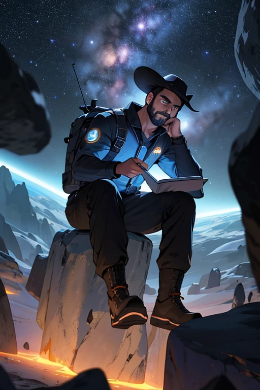 Draw a young programmer, sitting on a research platform floating in the middle of an asteroid belt. He is studying with a notebook, surrounded by several asteroids glowing with fiery auras. Dramatic lighting from distant stars and planets illuminates the scene, casting deep shadows on the suit. The young man looks confident and determined, looking at the vast and mysterious universe with wonder and respect,facial hair, cowboy shot, view from the front fish eyes lens