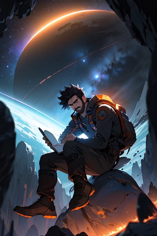 Draw a young programmer, sitting on a research platform floating in the middle of an asteroid belt. He is studying with a notebook, surrounded by several asteroids glowing with fiery auras. Dramatic lighting from distant stars and planets illuminates the scene, casting deep shadows on the suit. The young man looks confident and determined, looking at the vast and mysterious universe with wonder and respect,facial hair, cowboy shot, view from the front fish eyes lens