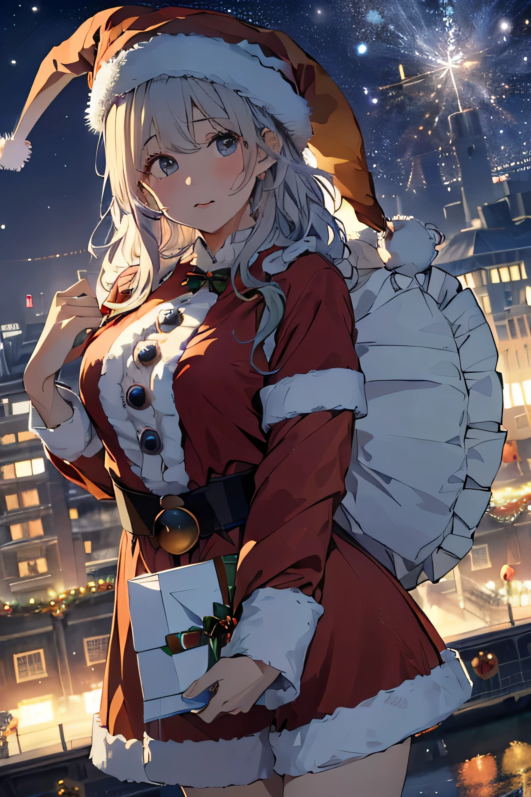 RAW image quality、8K分辨率、Ultra-high-definition CG images、Absurd resolution, hight resolution, (​masterpiece:1.4), The ultra-detailliert, 1girl in, floated hair、floating、View the book, ((kosmos服を着て:1.4)), (((Wearing a Santa Claus hat:1.4)))Seen from above, (((kosmos:1.4))), Planktonic, satellite, ((kosmos空間での運用:1.4)), wide-angle lens distortion