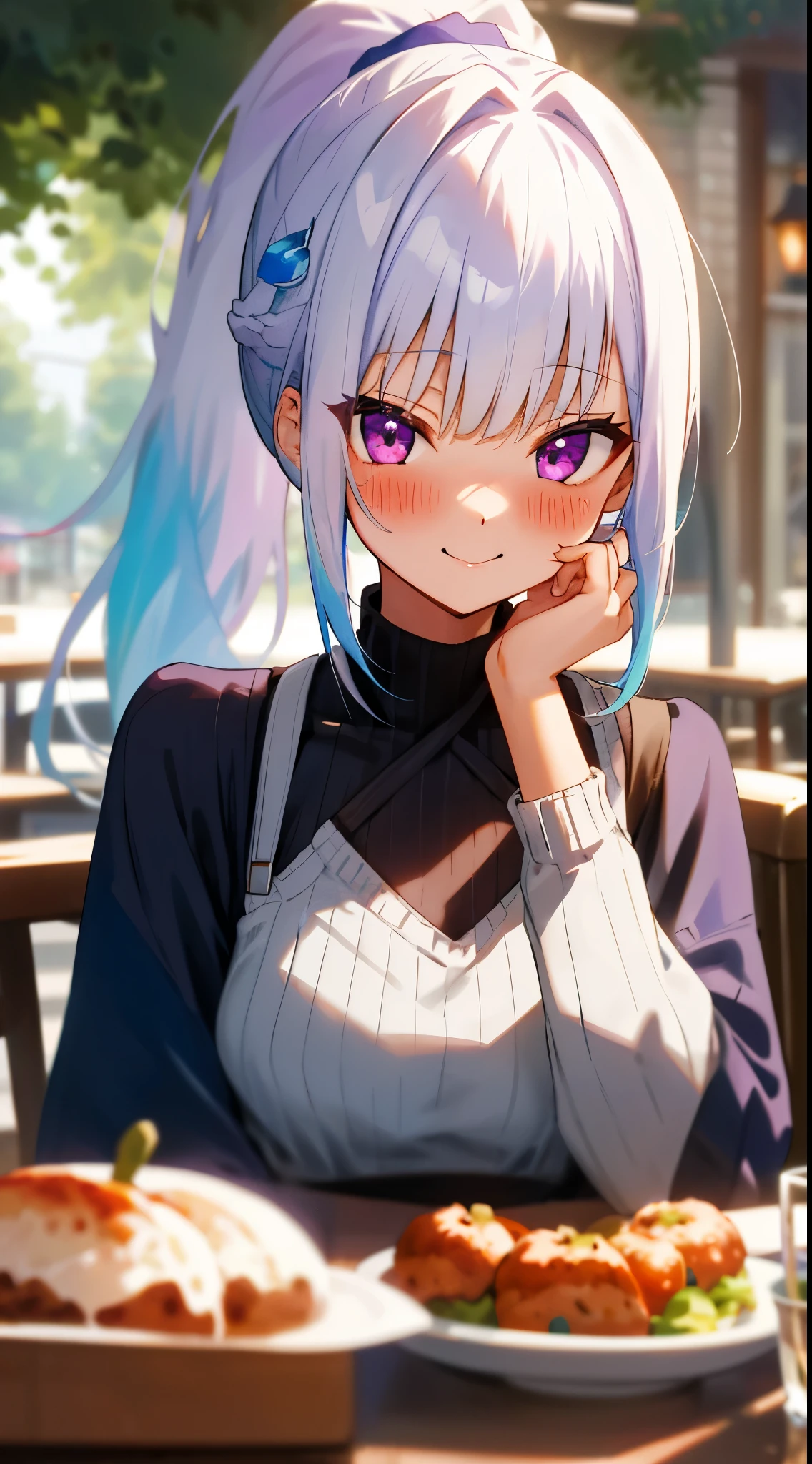 One girl with high ponytail hair, bangs, white hair, blue inner hair:1.25) , purple eyes, looking at viewer, blushing, little smile, outdoor, cafe, table, sitting, sweaters, mid-chest, day atmosphere, hair ornament, medium breasts, upper body, focus, blurry background, food, hands in face