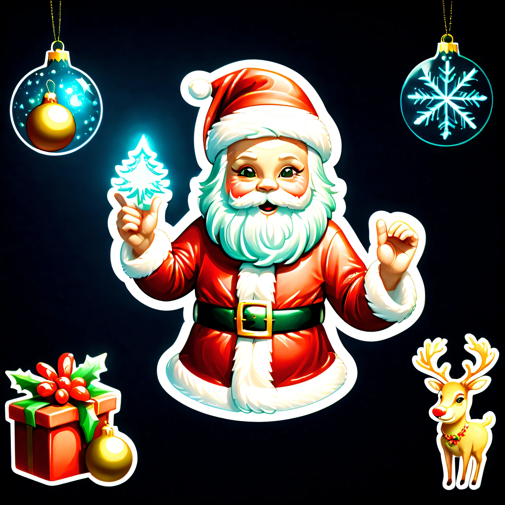 (((sticker art:1.3))), (((christmas santa stickers:1.3))), digital paint illustration sticker, Christmas tree-like cane, wearing a Christmas-like dress, Christmas color neon background glow effect, Cinematic angles, Dark fantasy reindeer and sleigh, on a decorative glass table, smooth detail, High quality, Amazingly detailed rendering, Tonal contrast, intricate-detail,