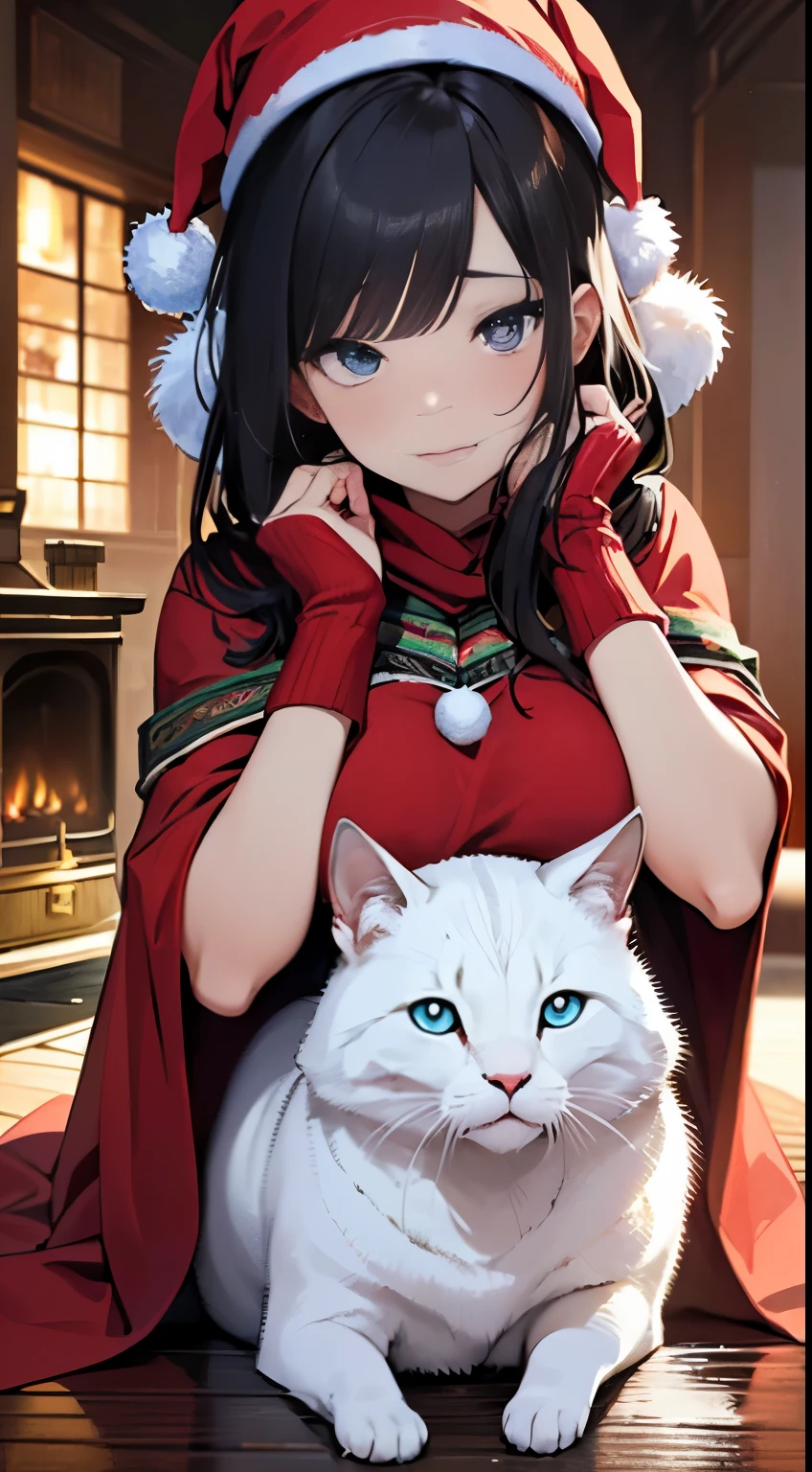 top-quality、Top image quality、​masterpiece、teens girl((Christmas、、18year old、 Ager、Best Bust、big bast,Beautiful wide open light blue eyerest, A dark-haired、blunt bangs、A slender,Large valleys、dye one's cheeks red、Reflecting the whole body、Laugh、dance、red cloak、Shy face、embarassed face、sprawl)),hiquality、Beautiful Art、Background with((my stylish night room、Christmas Wind、Stove、Red carpet on the floor、fireplace、Christmas tree、Red bed、Kotatsu、Christmas present)))、masutepiece、depth of fields, Crazy, Red brilliant eyes、Sexy、Nasty face、Ahegao , Silly,Sexual ecstasy,Drunken eyes,forehead,(masutepiece:1.2, Best Quality), (finely detailed beautiful eye: 1.2), (詳細に書き込まれたBackground with,), (beautifull detailed face), High contrast, (Best Illumination, extremely delicate and beautiful), ((Cinematic Light)), Hyper Detail, Dramatic light, Intricate details,