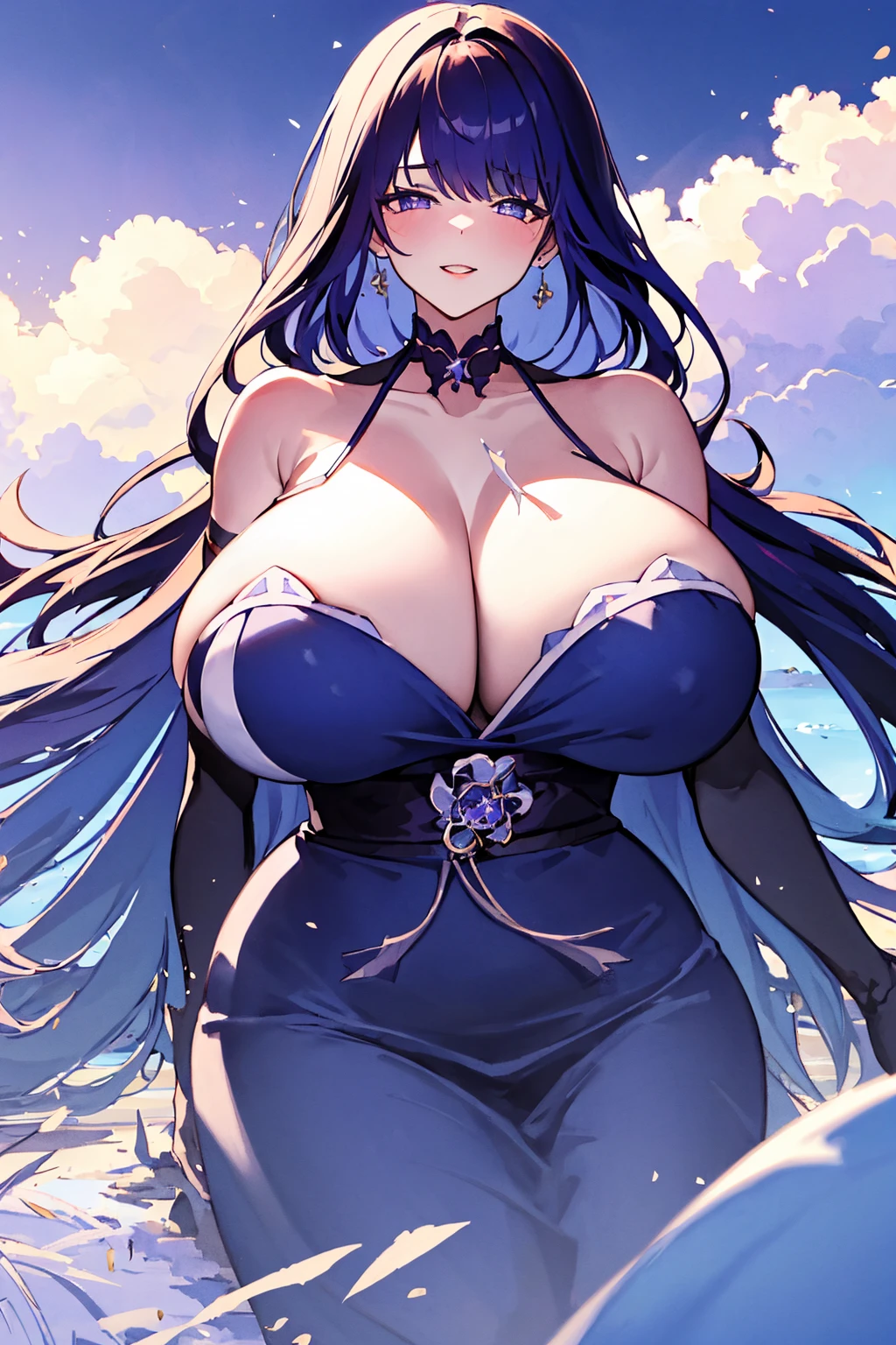 (absurd res, A high resolution, ultra - detailed, hyper HD, Cinematic), Alone, 1个Giant Breast Girl, mature, Happy,单马尾,purple long hair,blue eyes, (huge breasts:1.6),cleavage, collarbone, bare shoulders,armbands,girl standing in light blues flower field, light blues flower petal surrounding girl, full bodyesbian, light purple hair, fanciful, dream-like, Snowy Land, offcial art, trending art, contours, ultra - detailed face, ultra - detailed eyes, light blues flower field, ultra - detailed field, The white blue sky, Cold, light blues, The white,  Nebula in the sky, blue tree, aquarelle, pastel colour