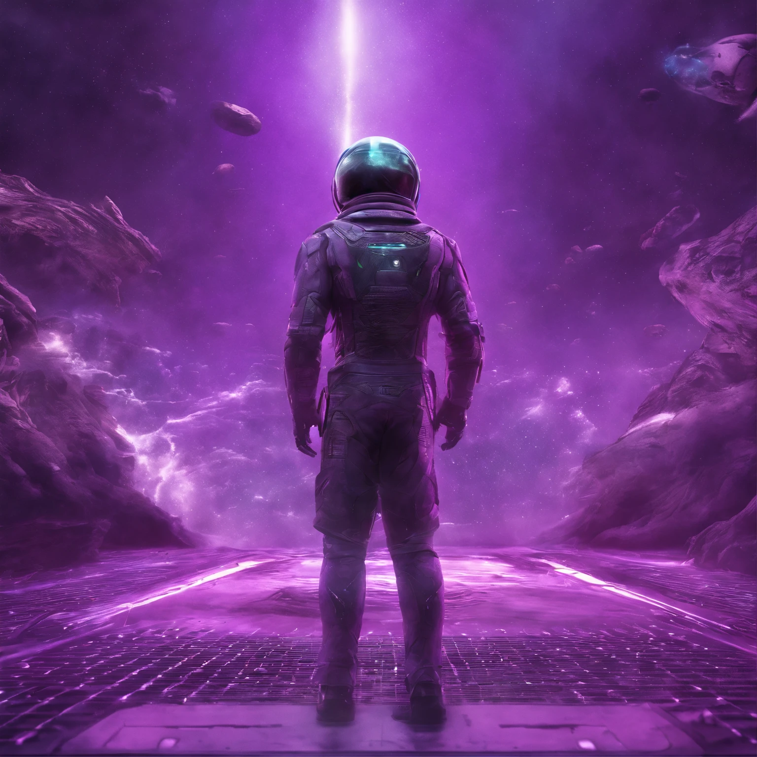 Man standing in futuristic space with purple background, depicted as a scifi scene, Excerpted from 2 0 1 9 Sci-Fi 8K Movie, purplish space in background, science fiction digital art,Purple fluid floats in mid-air and we go deep into the virtual universe, science fiction digital art illustration, in a scifi movie,Medium shot,The face of the character,Scenery of other characters’ upper body
