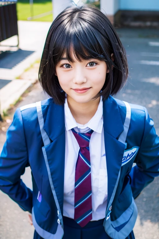 top-quality、masterpiece、real 18 year old woman、(The background is the classroom)、a smile、Light blue blazer、Semi-long with black hair、hight resolution、