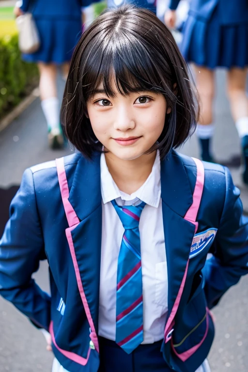 top-quality、masterpiece、real 18 year old woman、(The background is the classroom)、a smile、Light blue blazer、Semi-long with black hair、hight resolution、